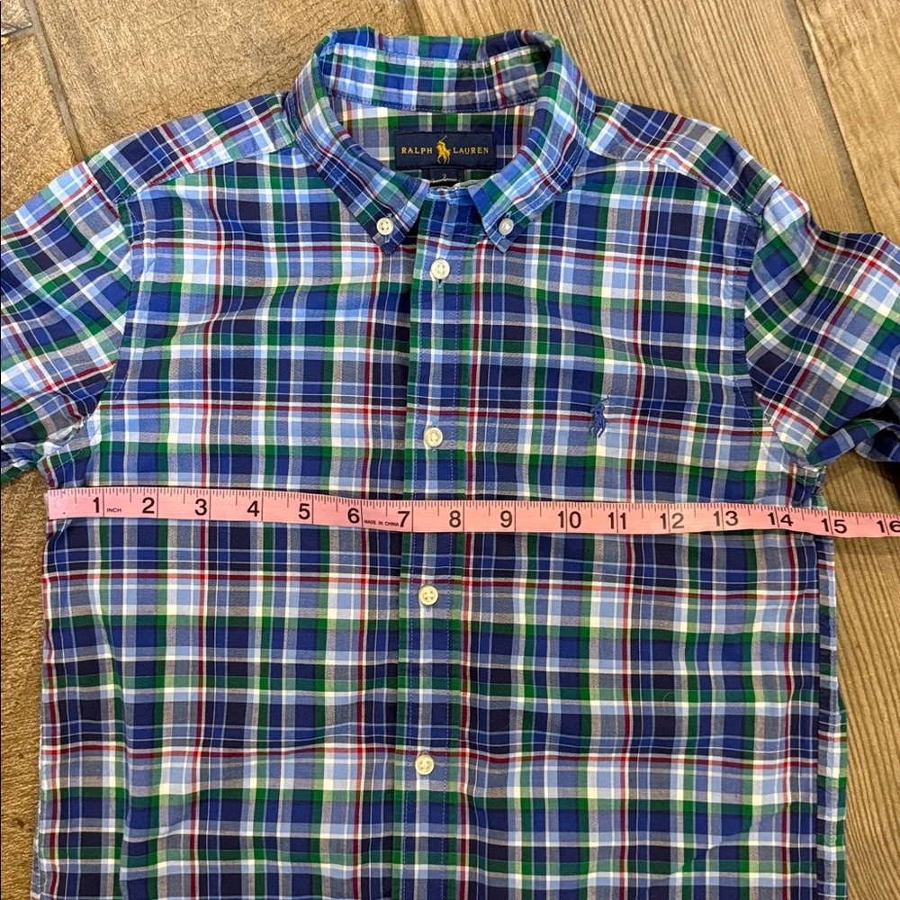 Polo Ralph Lauren Boys 7 Blue Green Plaid Cotton Long Sleeve Button Down Shirt